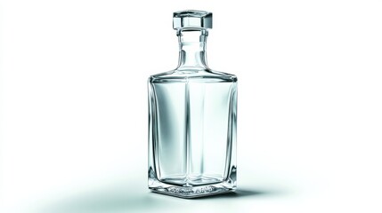 A highly realistic, empty bottle with no contents, isolated against a pure white background. The bottle is crystal clear, reflecting light
