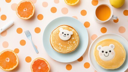 Flat lay of vibrant childrenâ€™s breakfast with pancakes shaped like animals, fruits arranged as faces