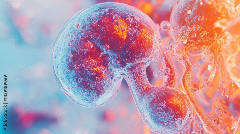 Poster abstract render of translucent cell-like structures with red, blue and orange colors