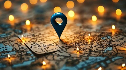 Vintage Map Location Marker Surrounded by Glowing Lights for Warm Travel Experience