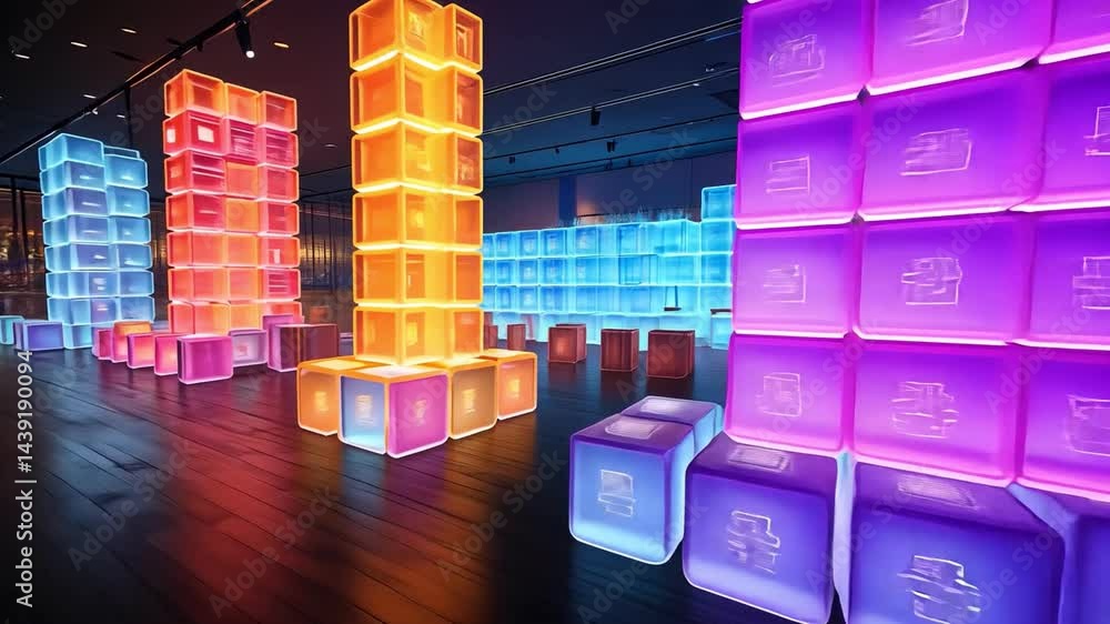 Poster vibrant illuminated architecture showcases colorful design in modern spaces, creating stunning displ