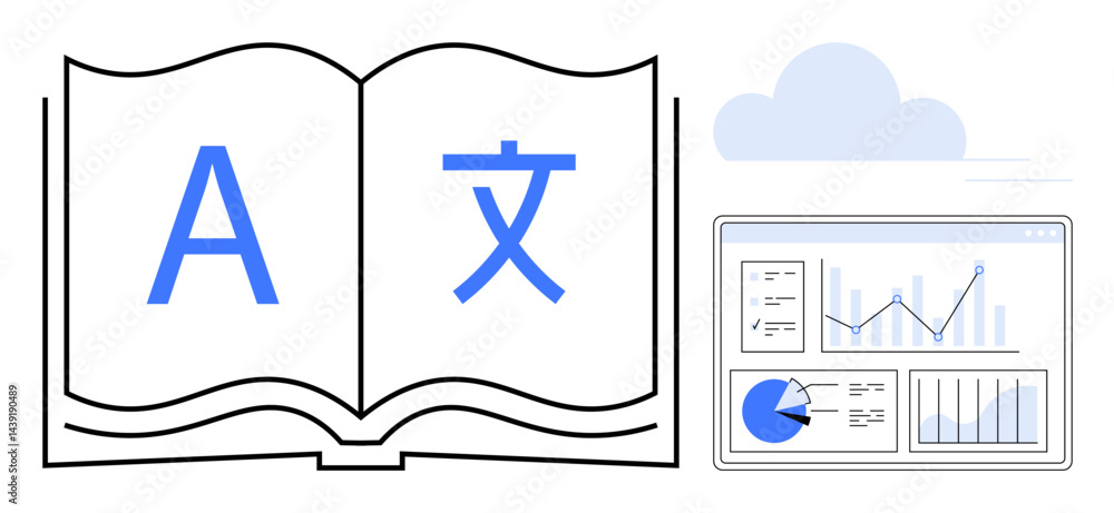Aufkleber open book with multilingual letters alongside a data dashboard showing charts and graphs. ideal for 