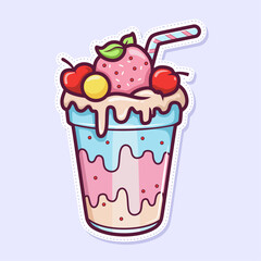 Cute Milkshake Cartoon Vector Icon Illustration with Cream and Fruits.