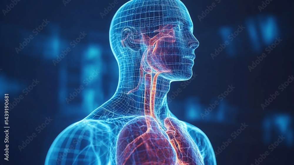 Poster human anatomy visualization with wireframe rendering and highlighted organs