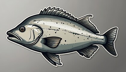 Halibut fish sticker on a black and white background, showcasing its unique design and details.