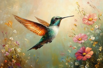 Hummingbird flight floral, swirling oil paint