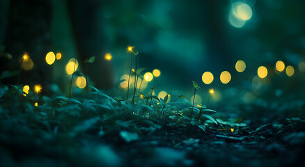 "Magical Glowing Forest with Fireflies and Dreamy Lights - Fantasy Nature Background"