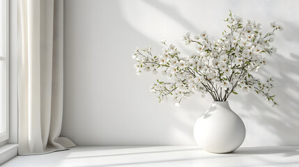 Elegant floral arrangement in white vase minimalist interior pure white background tranquil environment