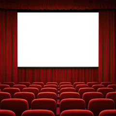 Fototapeta premium Classic Movie Theater Interior with Red Seats and Curtains, Screen Isolated