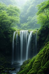 Lush green forest, misty waterfall.