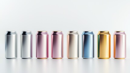 Group of aluminum cans with metallic labels in various shades on a white background.