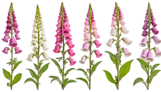 Colorful foxglove flowers, white isolated background.