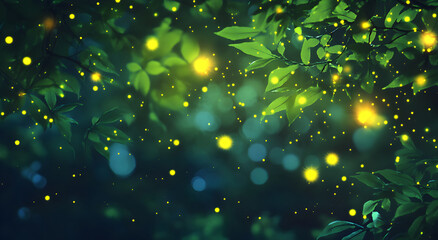 "Magical Glowing Forest with Fireflies and Dreamy Lights - Fantasy Nature Background"