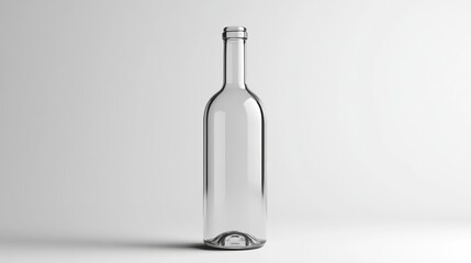 Fototapeta premium A simple, empty bottle with no label, isolated on a white background. Light reflections enhance the realistic look of the glass