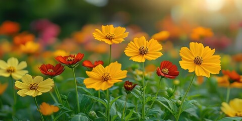 Vibrant Yellow and Red Cosmos Flowers Blooming in Sunlight
