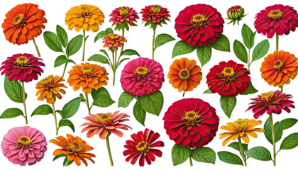 Colorful zinnia flowers arranged in a beautiful garden setting, showcasing vibrant hues and lush green leaves.
