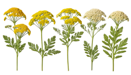 Five variations of yarrow flowers in yellow and white on a white isolated background.