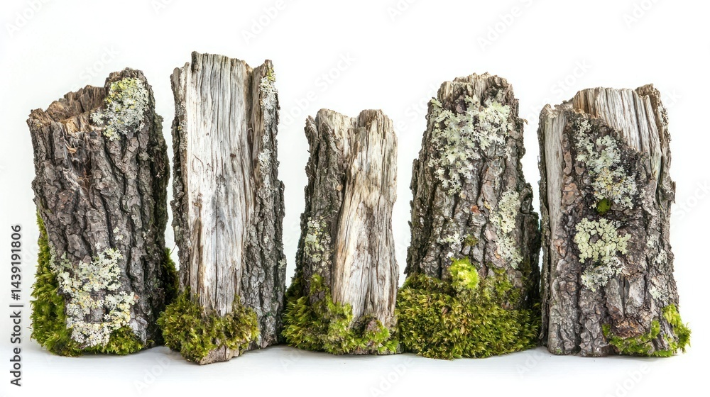Poster group of ancient tree trunks with moss and lichen patches on white background.