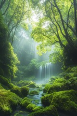 Mossy Japanese waterfall photography.