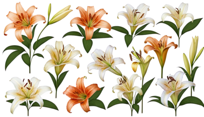 Various colorful lilies arranged beautifully on a white isolated background.