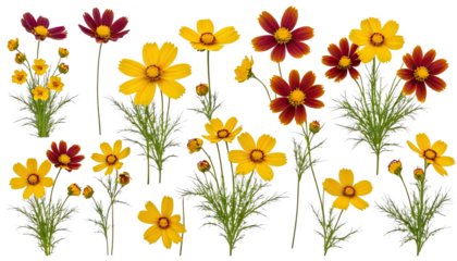 Vibrant collection of yellow and red flowers with green leaves on a white isolated background.