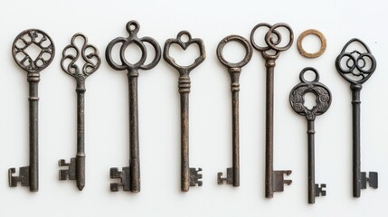 Group of assorted modern and vintage house keys on white background.