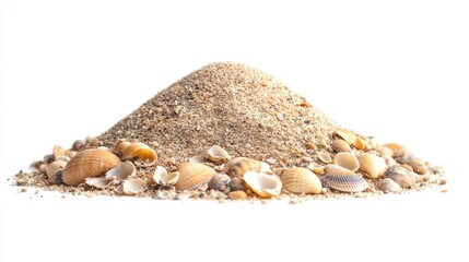 Obraz premium Group of beach sand piles with shells scattered around on white background.