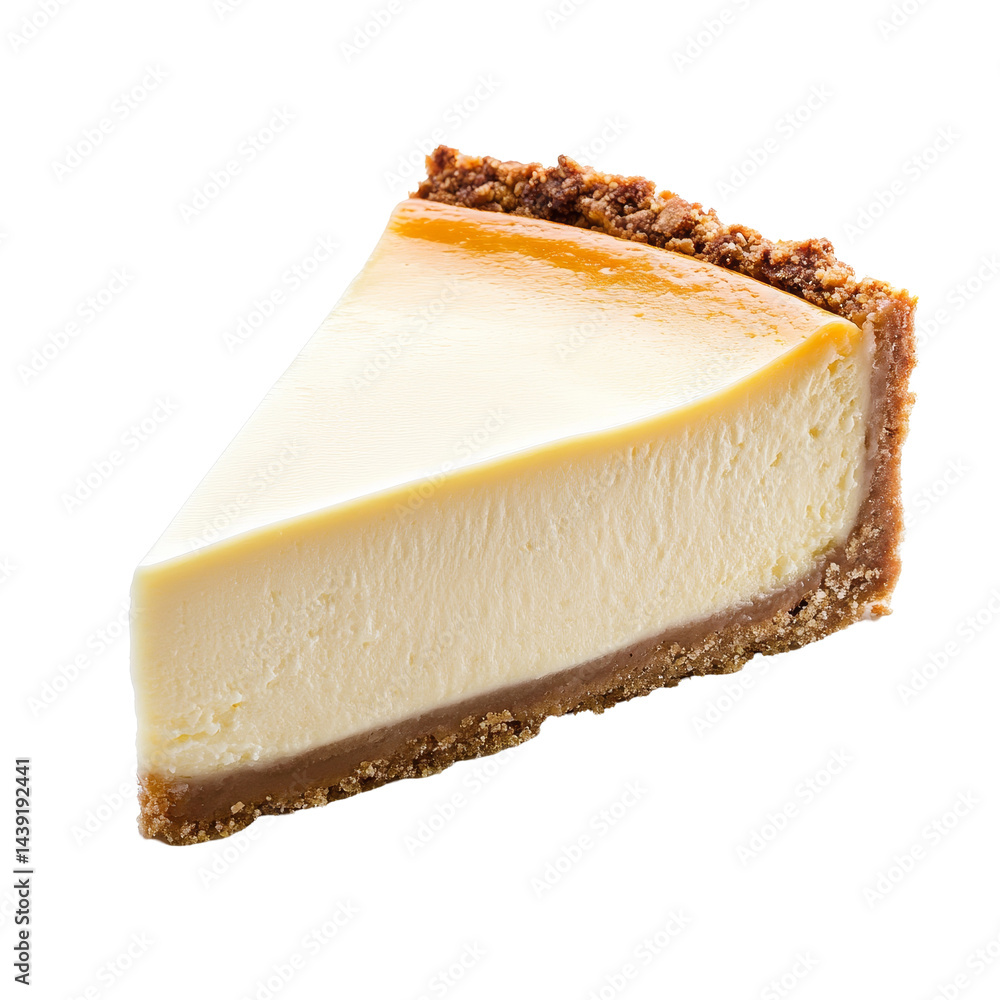 Poster delicious new york style cheesecake slice with graham cracker crust on a clean transparent backgroun