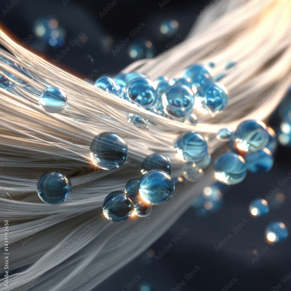 Poster intricate strands with floating blue bubbles create a surreal underwater effect in a dark, abstract 