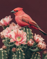 Red bird on pink cactus.