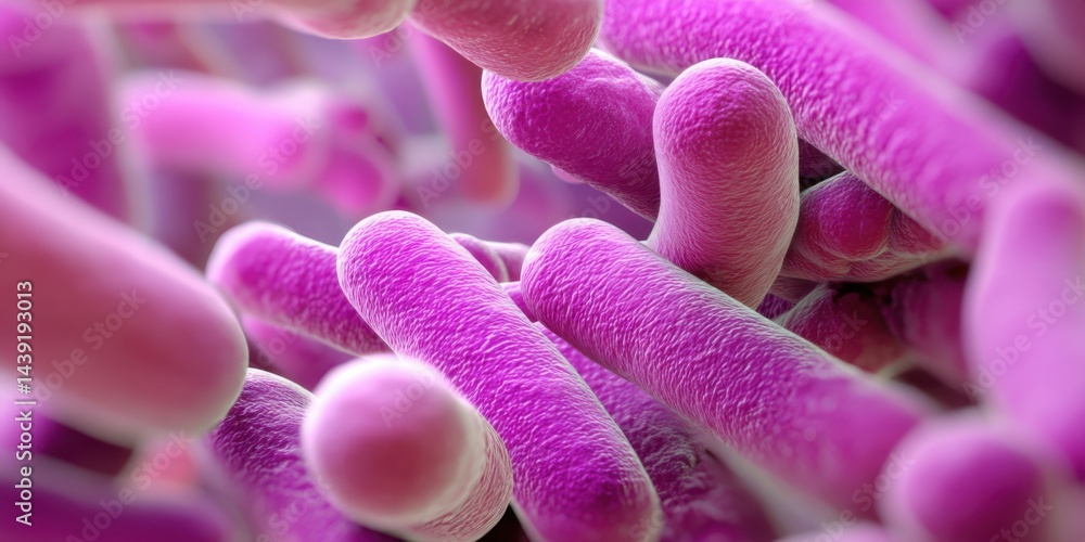Poster detailed close-up of vibrant bacteria showing intricate structures in purple hues under microscope a