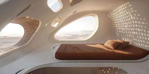 Fototapeta premium Futuristic Spaceship Bedroom With Desert View