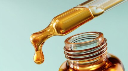 Close up of a dropper releasing golden liquid from a glass vial depicting essential oil use in wellness routines