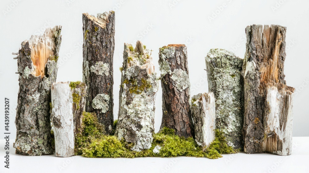 Poster group of broken tree trunks with moss and lichen patches on white surface.