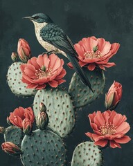 Vintage bird, cactus, rich colors.