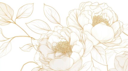 Elegant gold-line peonies, floral design, white background, wedding invitation