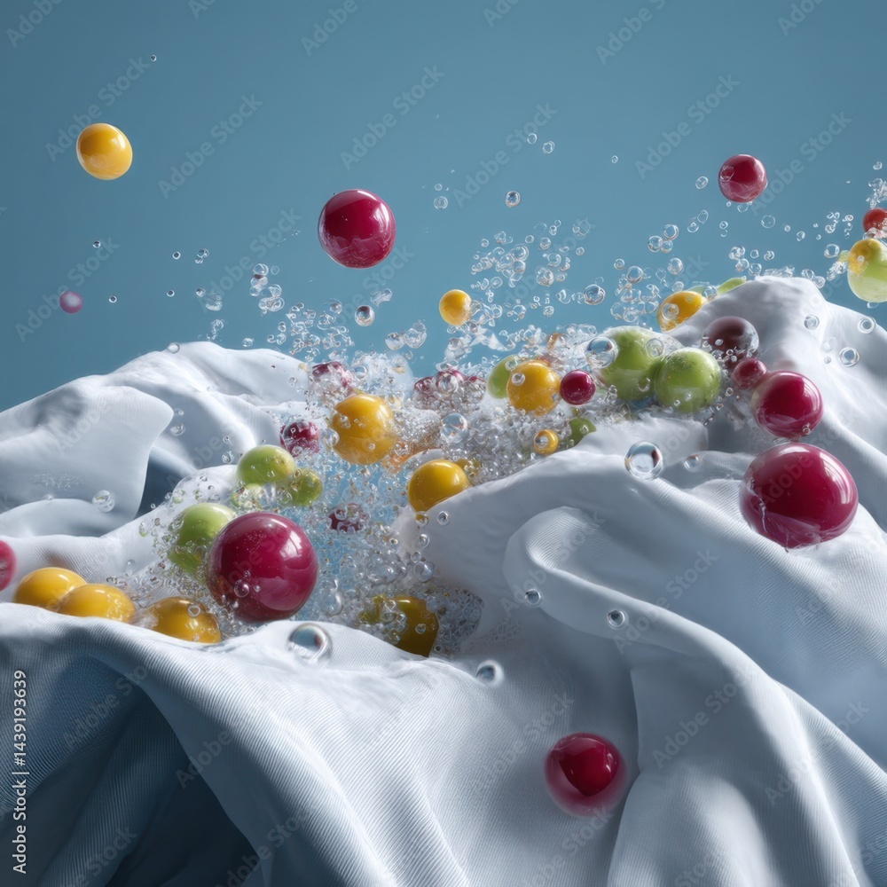 Poster colorful spheres and bubbles splash over textured fabric in dynamic display of movement and fluidity