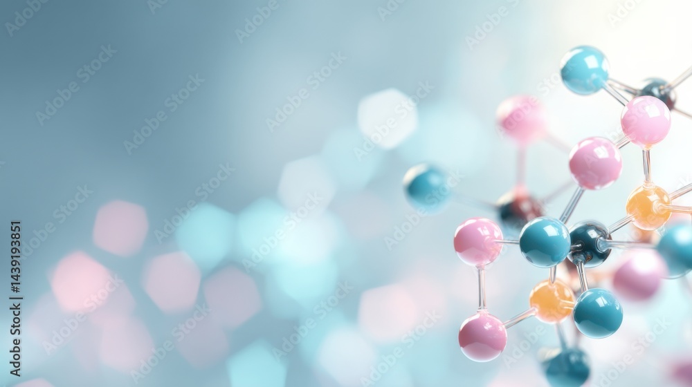 Poster molecular structure creates a vibrant abstract design with colorful spheres and blurred background