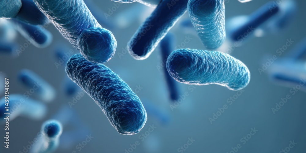 Poster microscopic view of vibrant bacteria in a fluid environment showcasing their unique shapes and textu