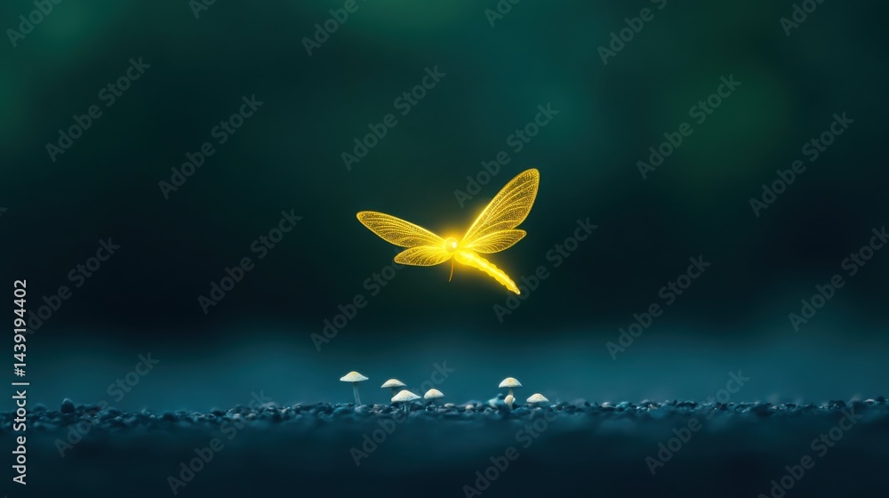 Poster single glowing firefly hovering above tiny forest mushrooms at night, soft sparkle effect
