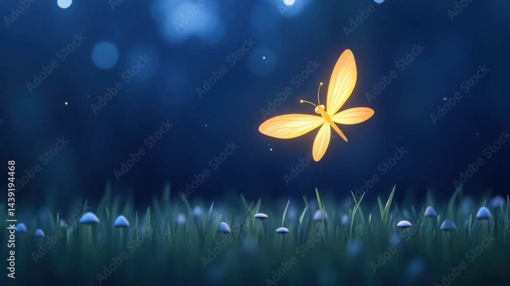 Poster single glowing firefly hovering above tiny forest mushrooms at night, soft sparkle effect