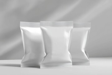 Three plain white packaging pouches arranged on a clean surface with soft lighting highlighting their glossy texture