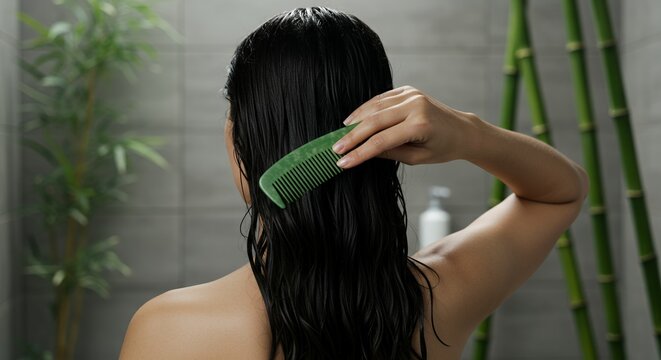 Woman with Long Dark Wet Hair Combing with Jade Comb in Gray Tiled Bathroom Back View