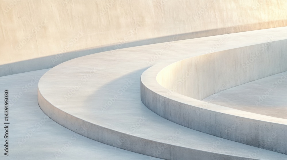 Poster smooth curved concrete ramp forming clean arc, soft light and gradient shadows, modern architecture 