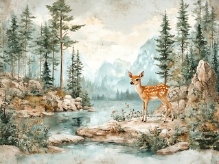 Fawn stands on rocks by lake in forest, mountain backdrop, possibly for children's room decor