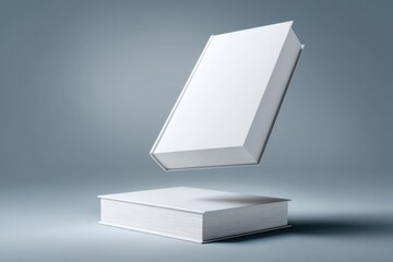 Fototapeta premium Floating blank book above a solid book on a smooth gray surface in a calm and minimalist setting