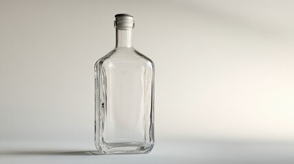 Empty glass bottle with no label, isolated against a white background. The bottles transparency and smooth surface are highlighted