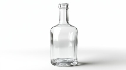 Empty glass bottle with no label, isolated against a white background. The bottles transparency and smooth surface are highlighted