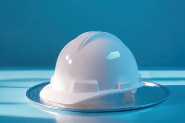 White safety helmet on a metallic plate.