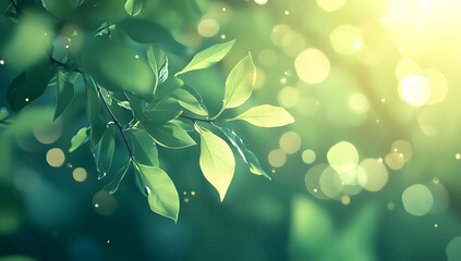 "Fresh Green Leaves with Sunlight in Spring Nature Background"